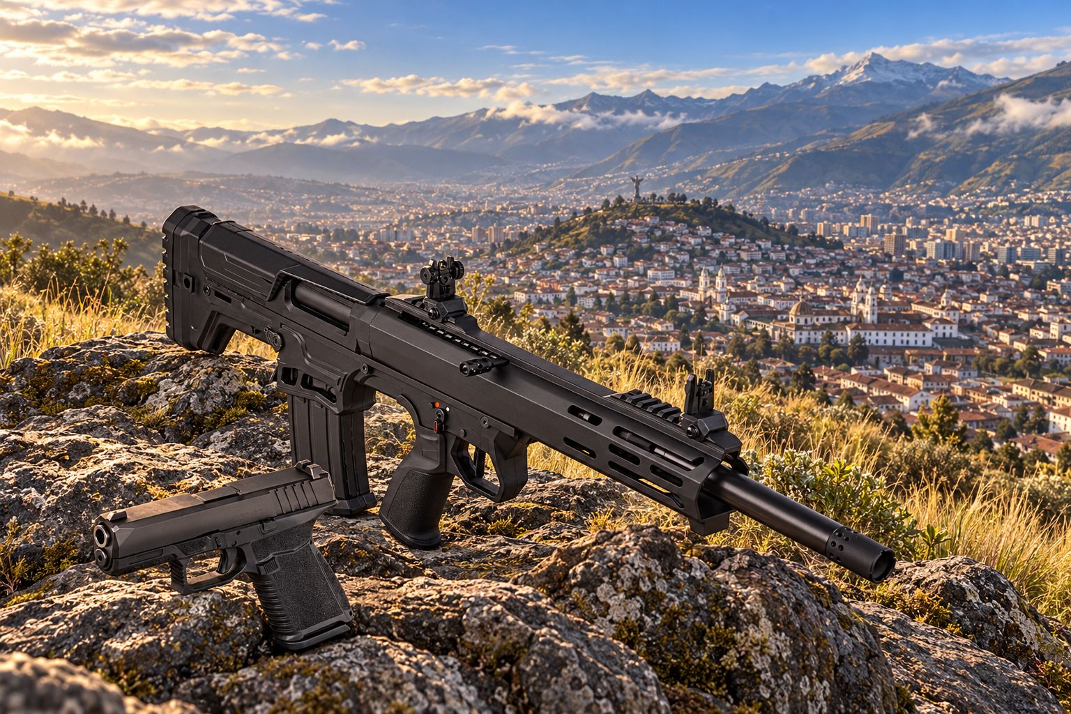 Escopeta Typhoon y pistola TYP9 con vista a Quito