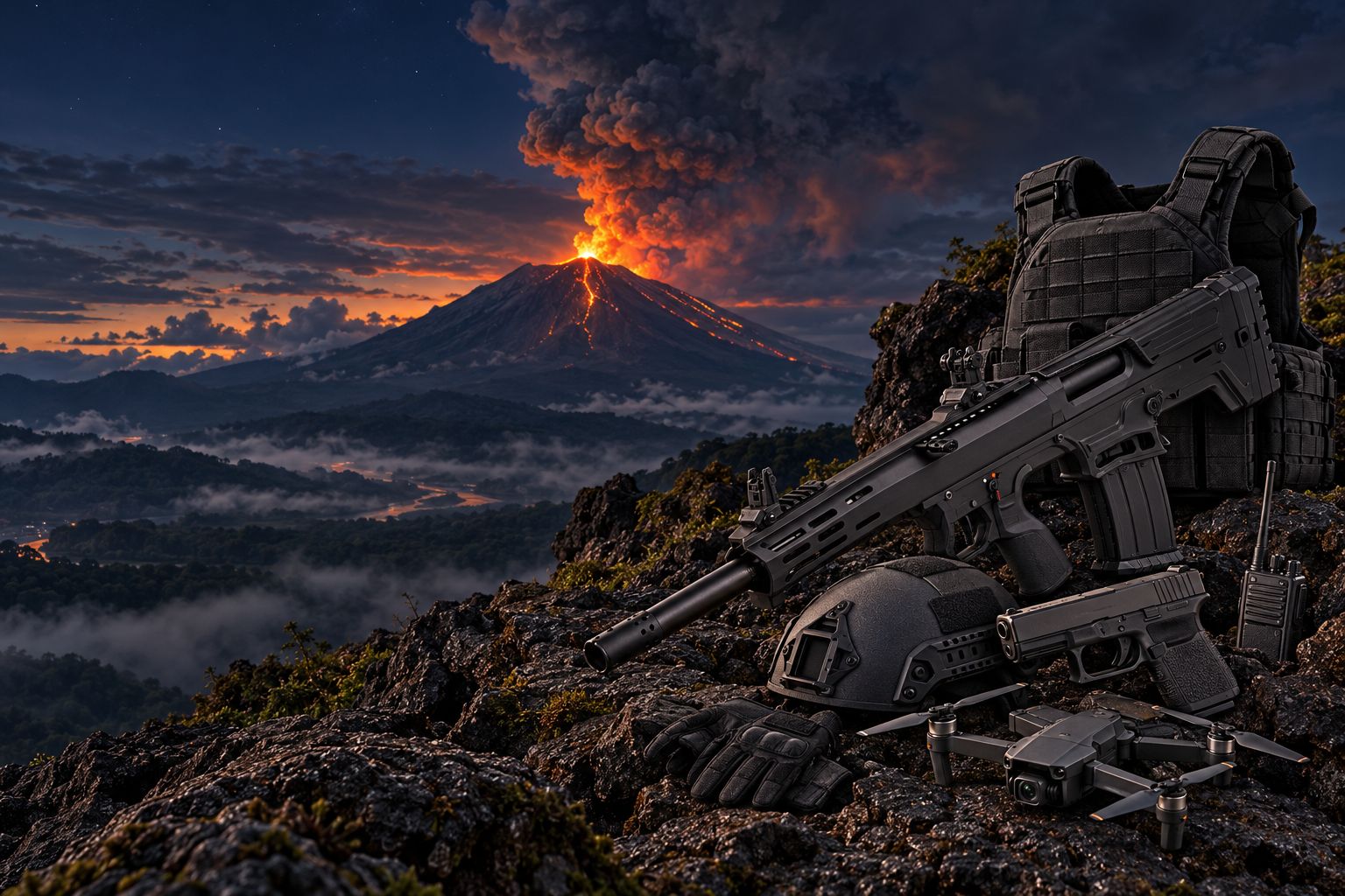 Escopeta, pistola, chaleco, casco, radio y dron frente al volcán en erupción