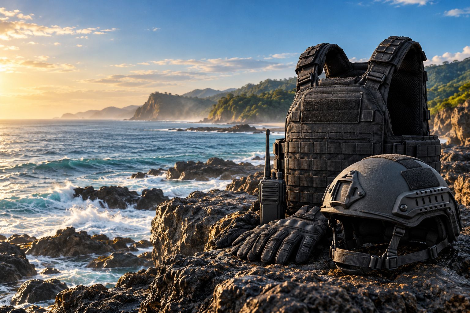 Plate carrier, helmet, gloves and radio on the coast