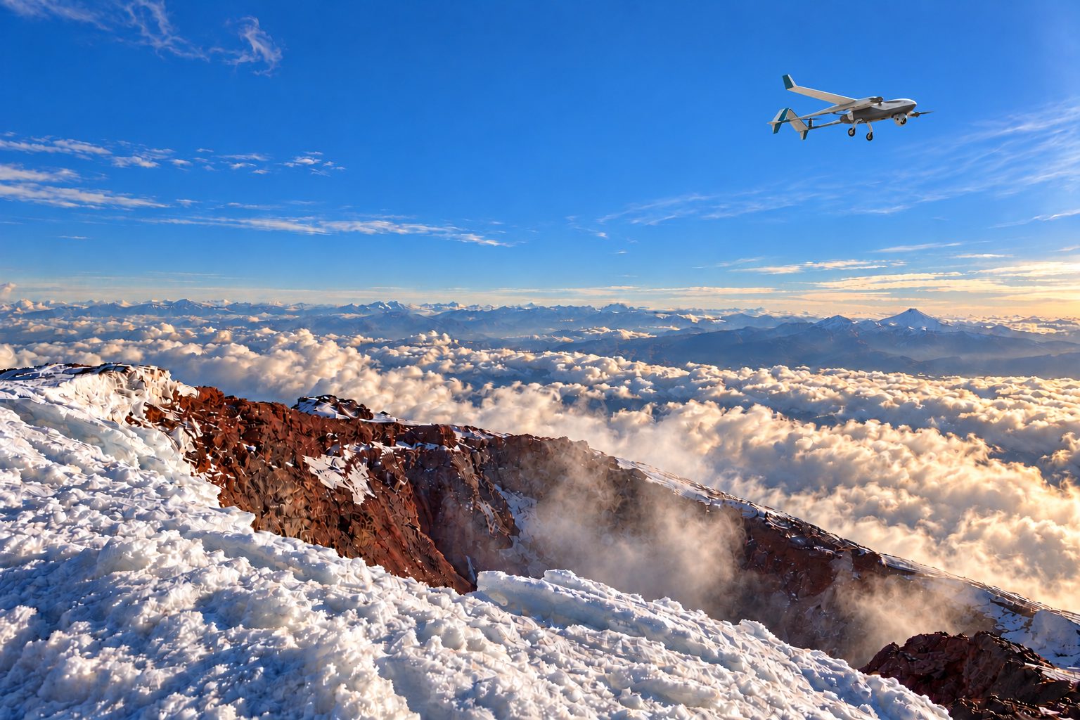 Unmanned aircraft flying over the crater of a snow-capped volcano